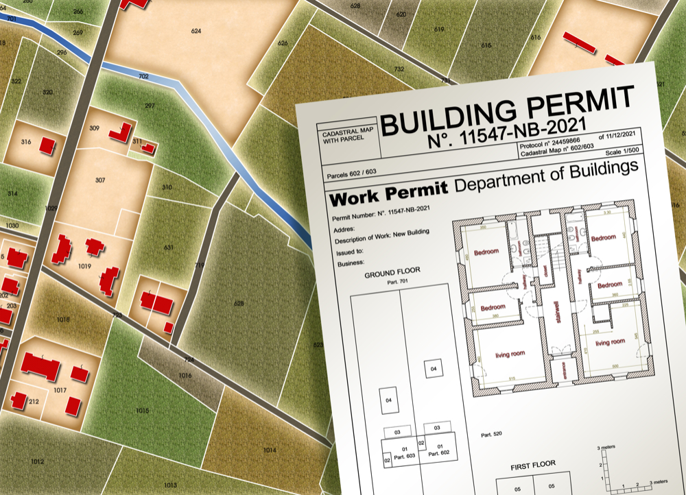 Building permit over aerial map of properties